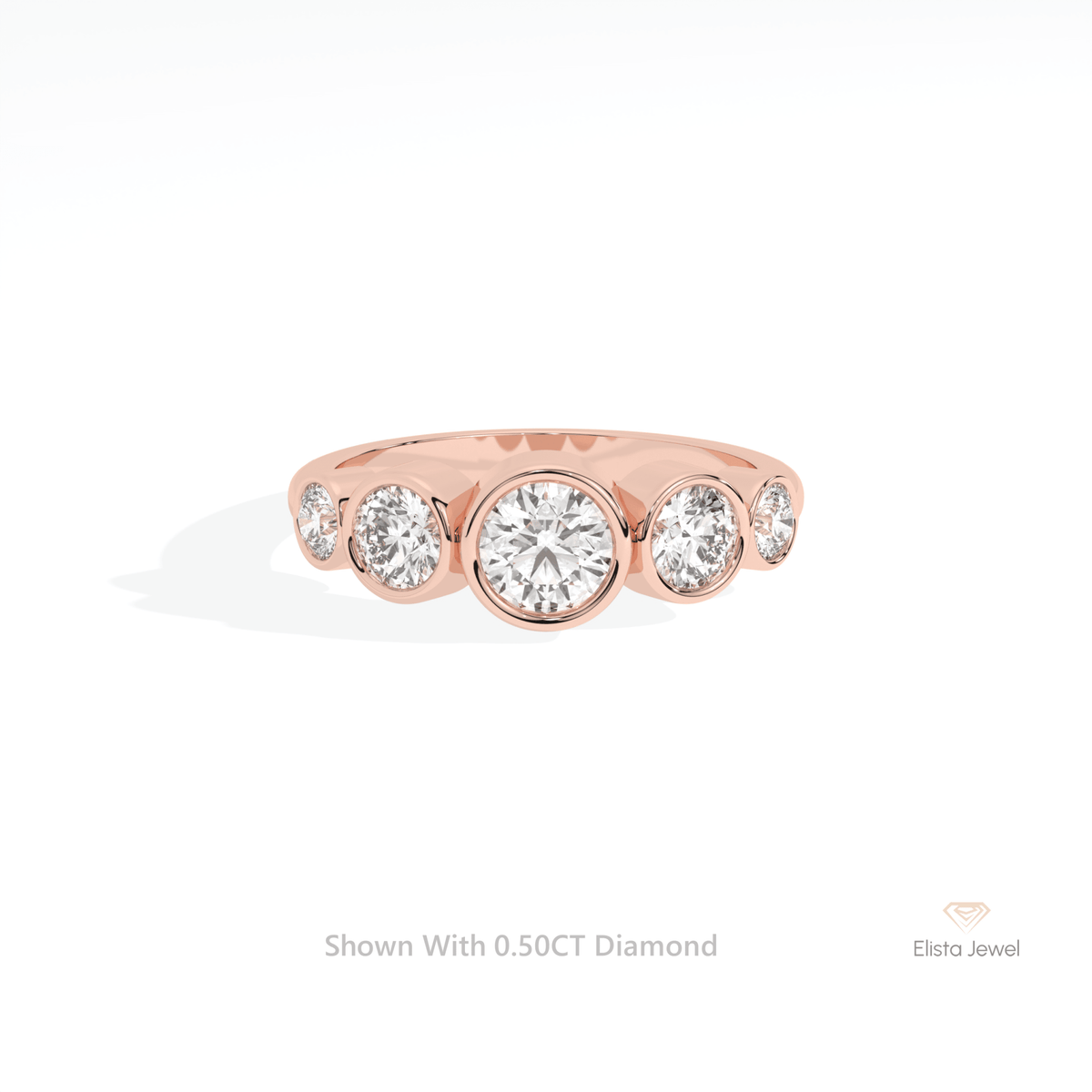 Round Cut Five Stone Bezel Wedding Lab Grown Diamond Ring in 18K Rose Gold - Ring on Hand View