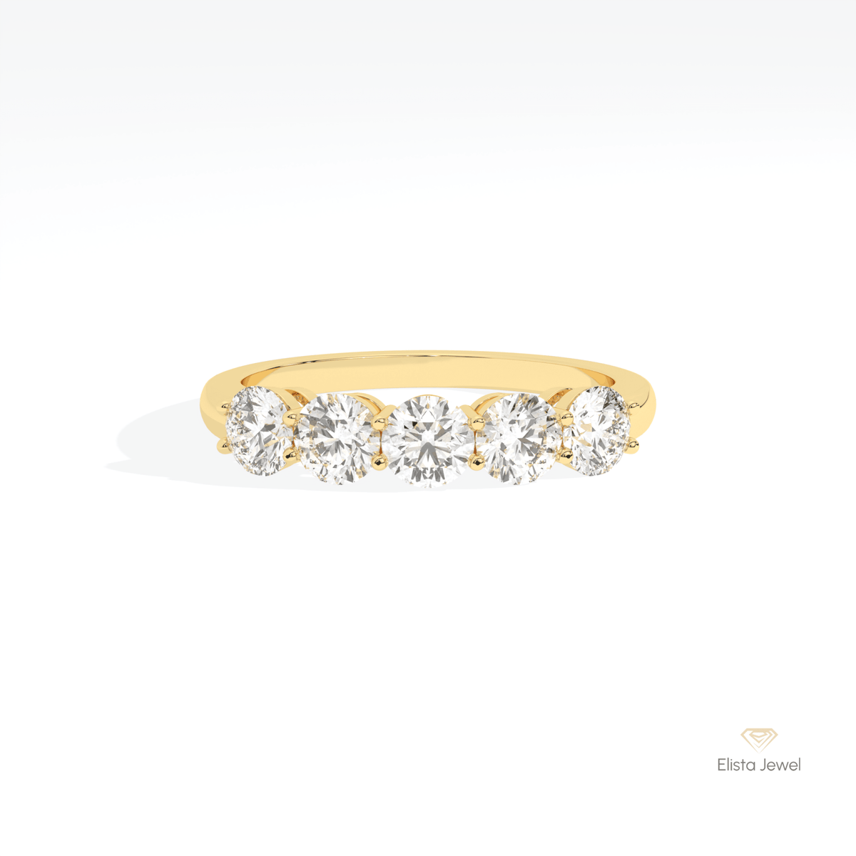 Round Cut Five Stone Wedding Lab Grown Diamond Ring in 14K Yellow Gold - Detail View