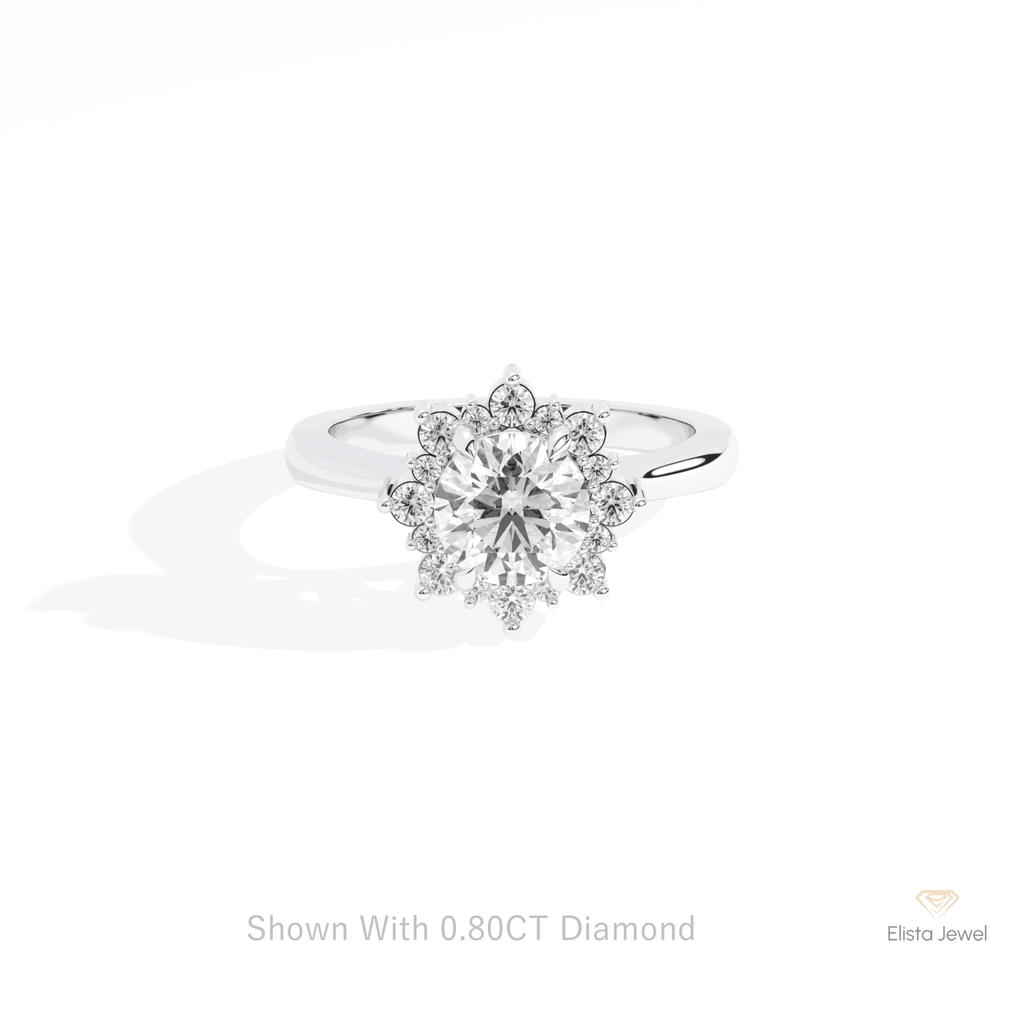 Round Cut Floral Halo Engagement Lab Grown Diamond Ring in 10K White Gold - Front View