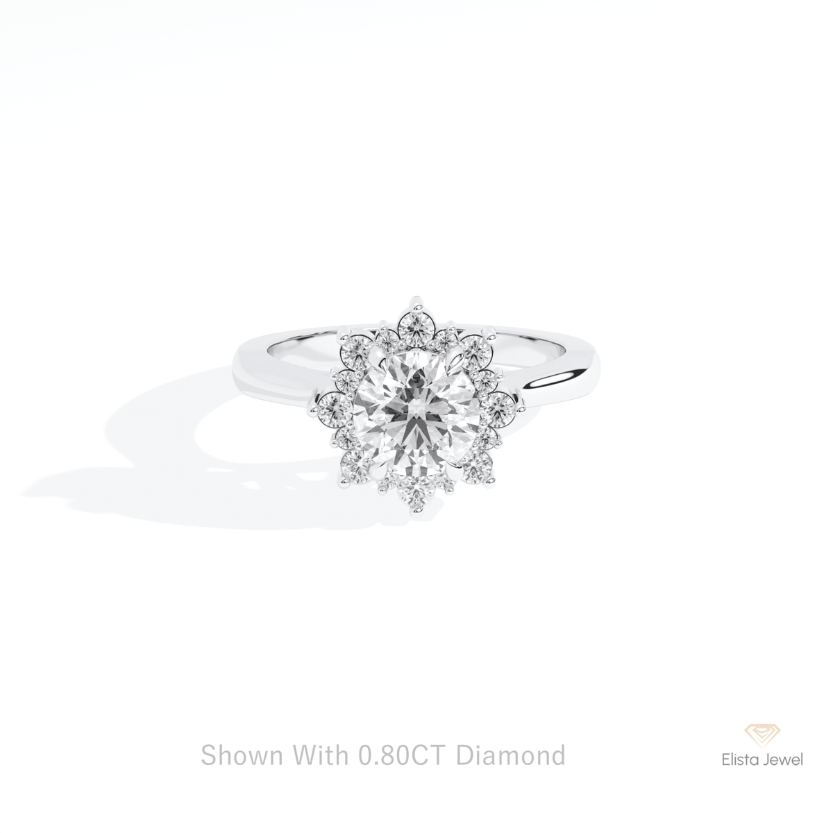 Round Cut Floral Halo Engagement Lab Grown Diamond Ring in 10K White Gold - Front View