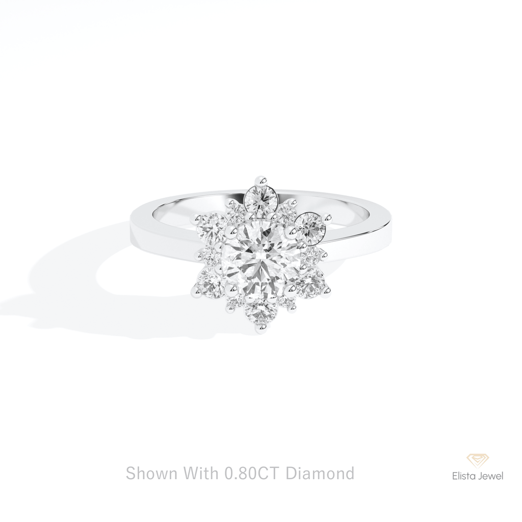 Round Cut Floral Halo Engagement Lab Grown Diamond Ring in 10K White Gold - Front View