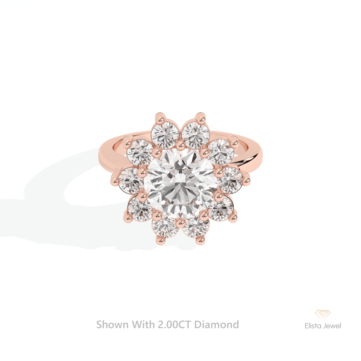 Round Cut Halo Art Deco Lab Grown Diamond Ring in 18K Rose Gold - Ring on Hand View