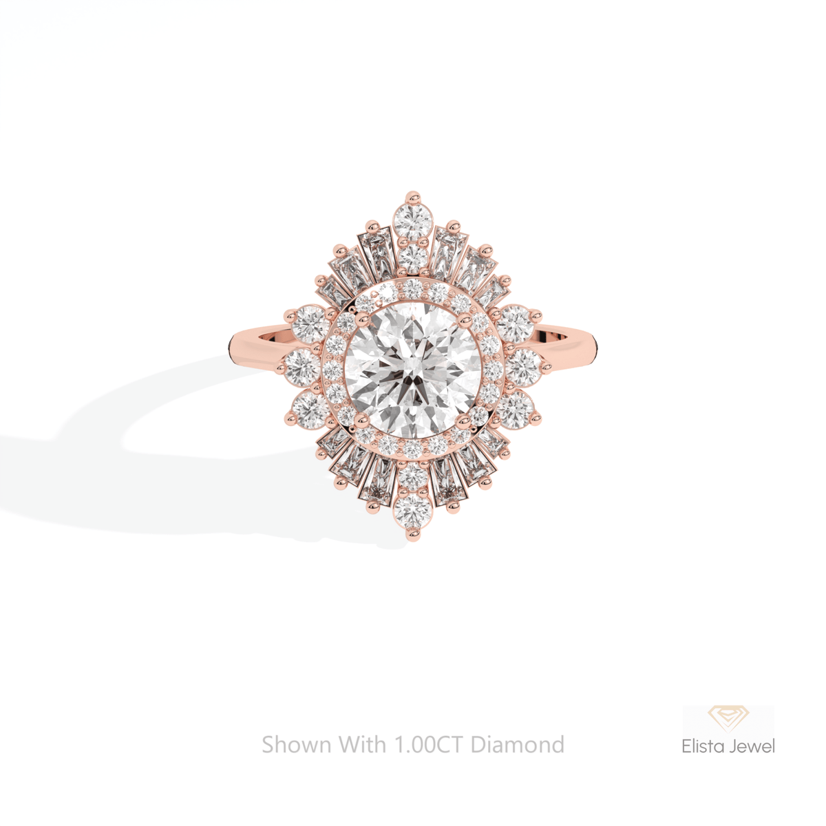 Round Cut Halo Art Deco Lab Grown Diamond Ring in 18K Rose Gold - Ring on Hand View