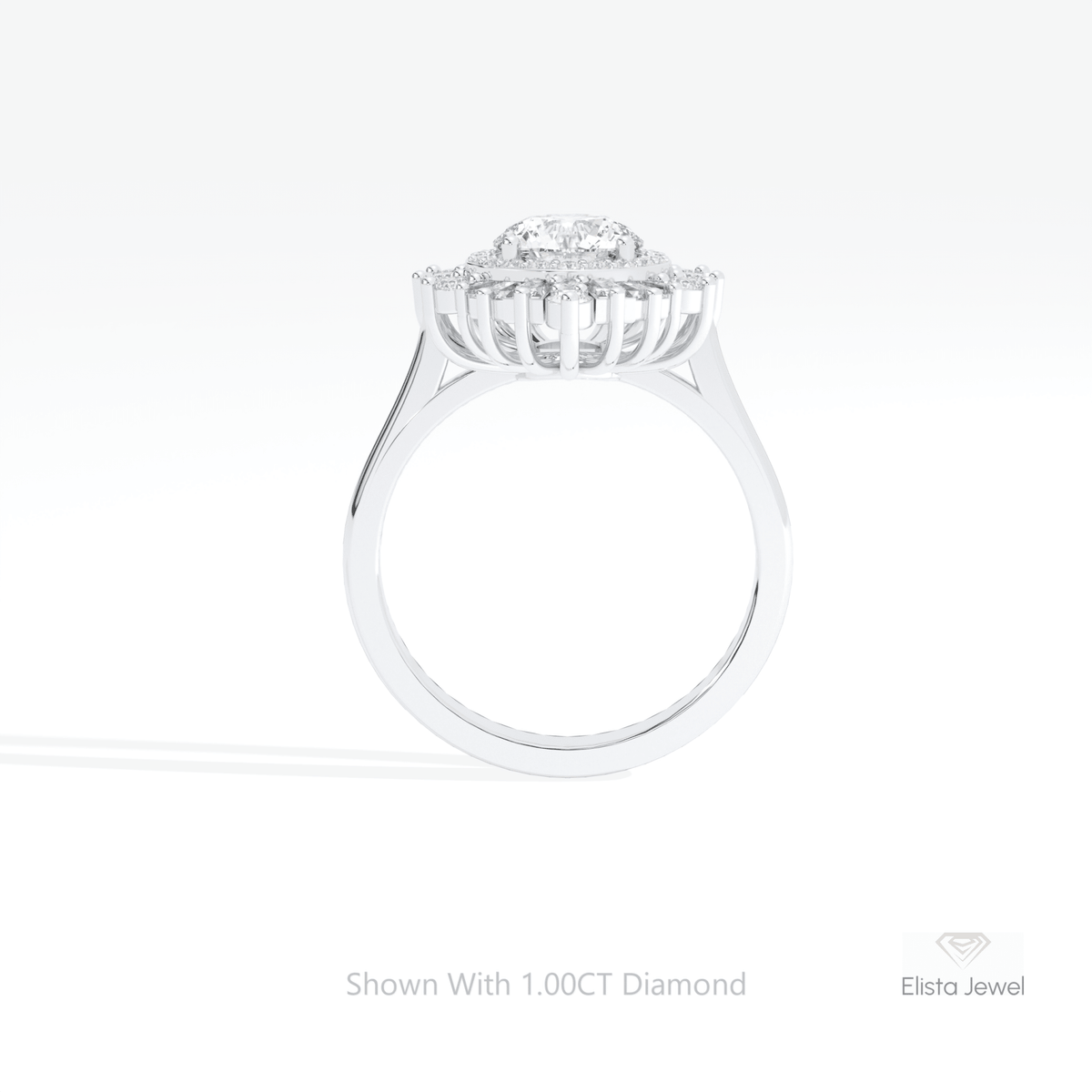 Round Cut Halo Art Deco Lab Grown Diamond Ring in 18K White Gold - Close-up View