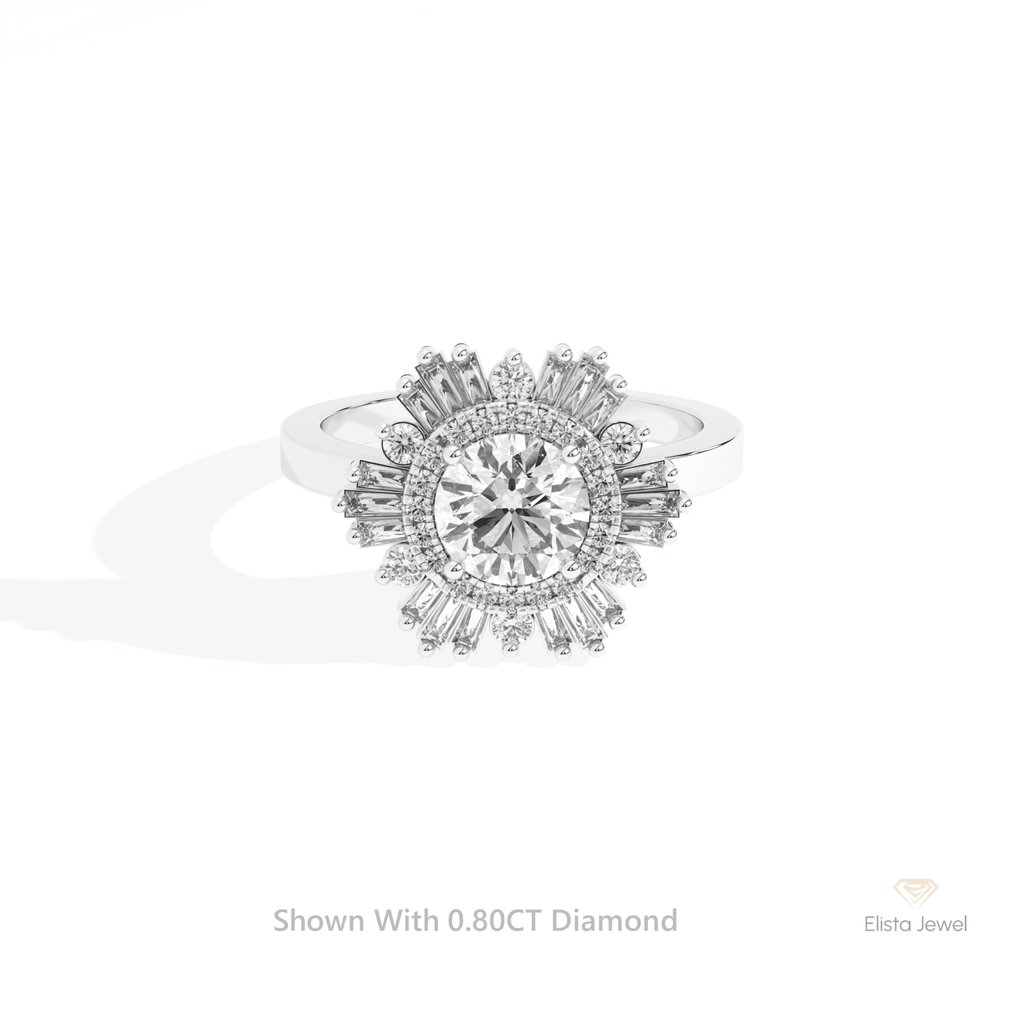 Round Cut Halo Art Deco Wedding Lab Grown Diamond Ring in 14K Yellow Gold - Detail View
