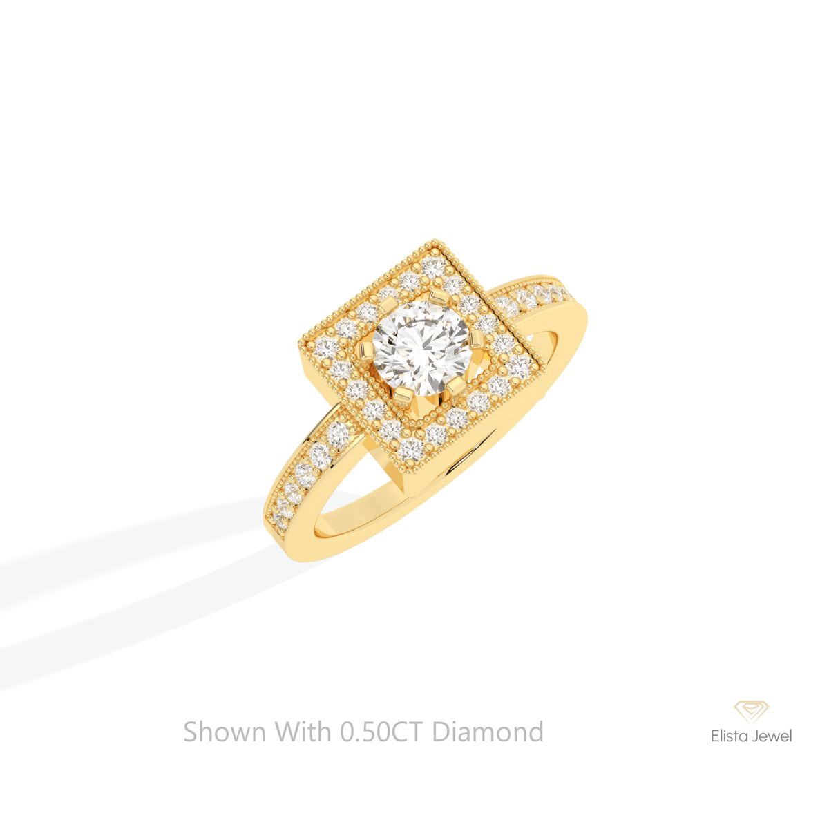 Round Cut Halo Engagement Lab Grown Diamond Ring in 10K Yellow Gold - Side View