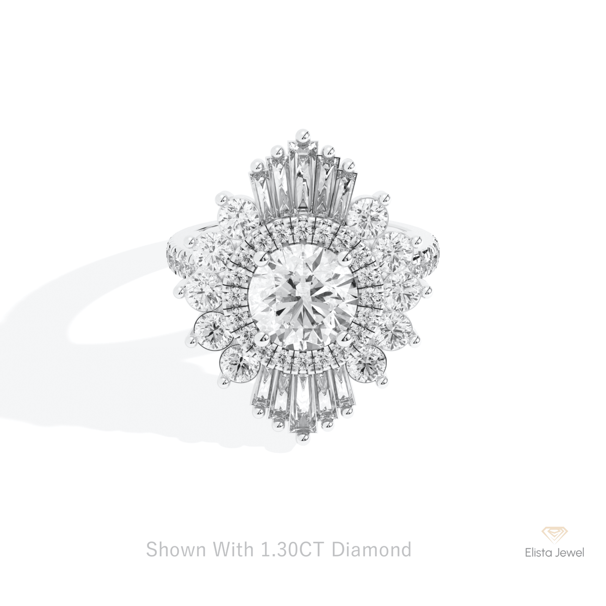 Round Cut Halo Starburst Lab Grown Diamond Ring in 10K White Gold - Front View