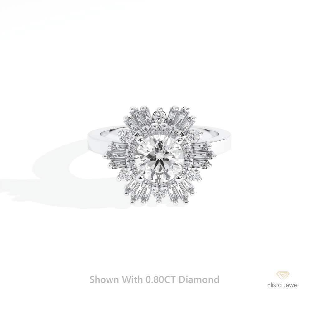 Round Cut Halo Starburst Lab Grown Diamond Ring in 14K Yellow Gold - Detail View