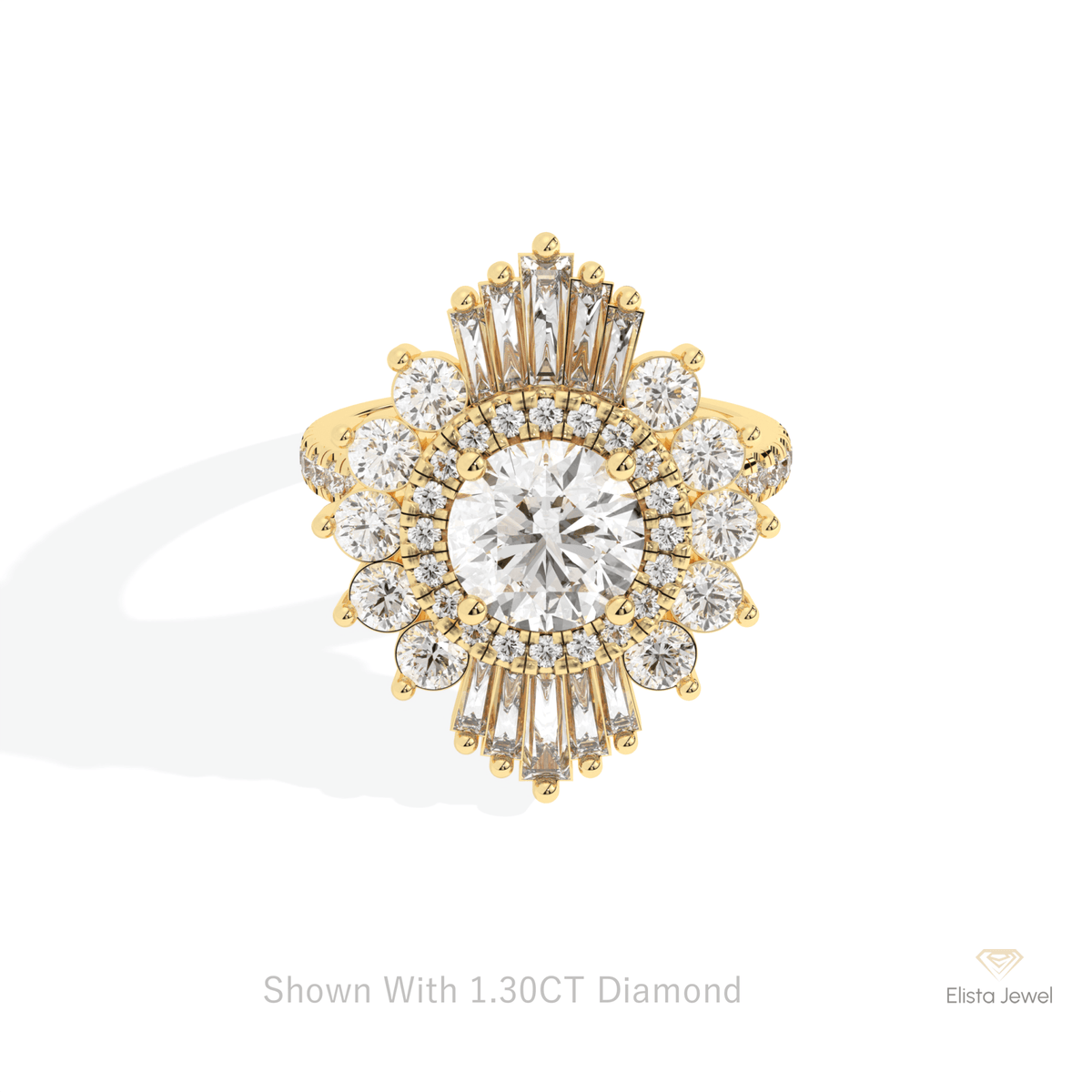 Round Cut Halo Starburst Lab Grown Diamond Ring in 14K Yellow Gold - Detail View