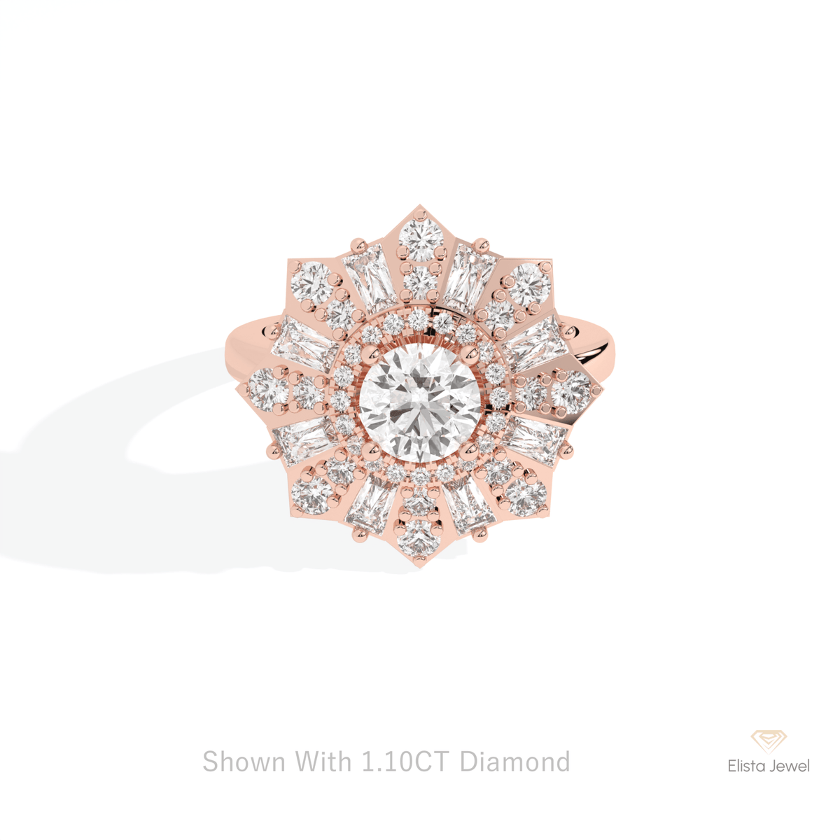 Round Cut Halo Starburst Lab Grown Diamond Ring in 18K Rose Gold - Ring on Hand View