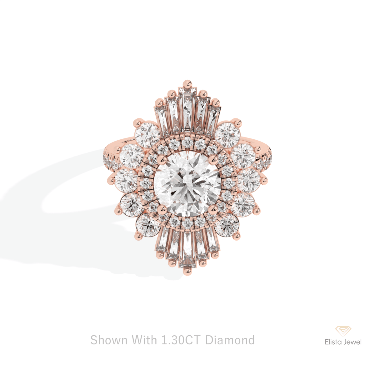 Round Cut Halo Starburst Lab Grown Diamond Ring in 18K Rose Gold - Ring on Hand View