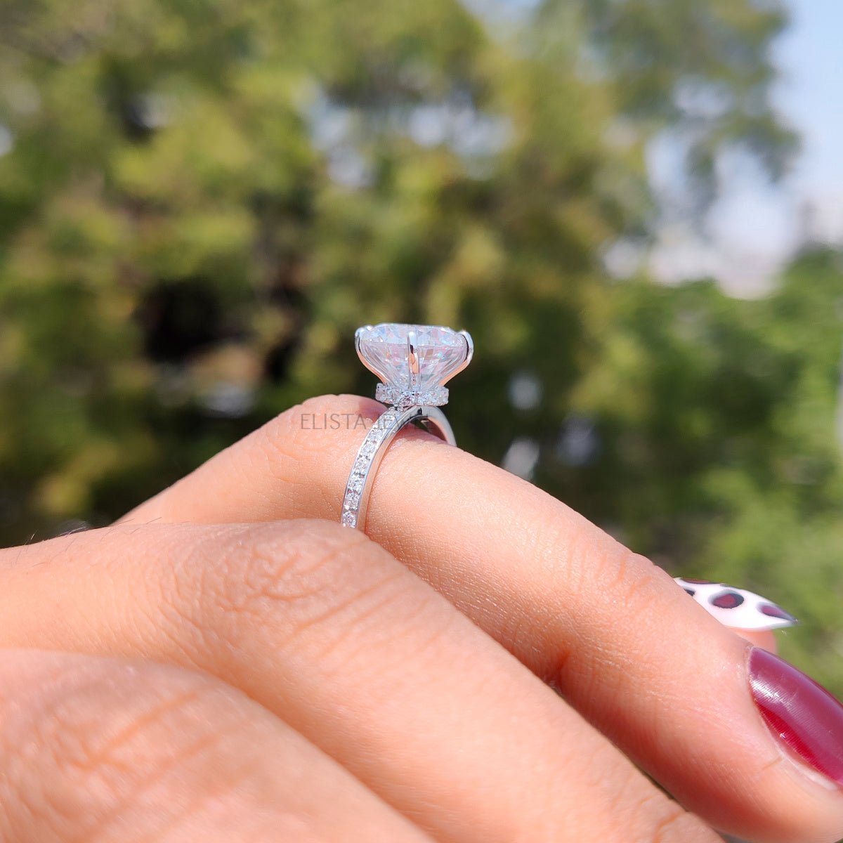 Round Cut Hidden Halo Engagement Lab Grown Diamond Ring - Ring on Hand View