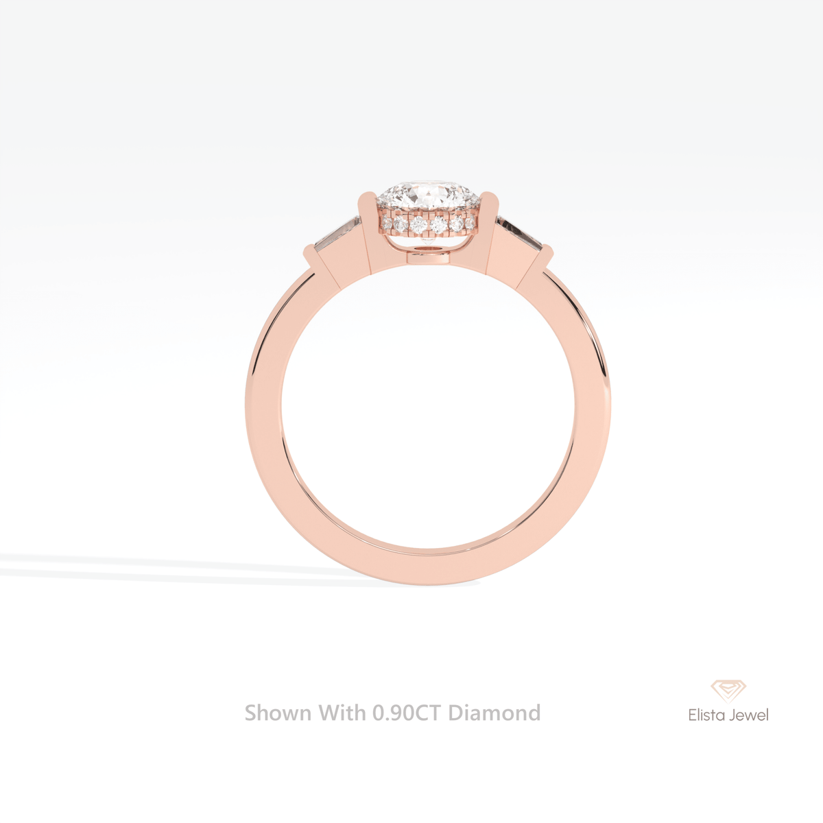 Round Cut Hidden Halo Three Stone Lab Grown Diamond Ring in 10K Rose Gold - Angled View