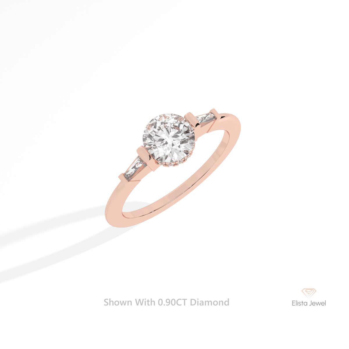 Round Cut Hidden Halo Three Stone Lab Grown Diamond Ring in 10K Yellow Gold - Side View
