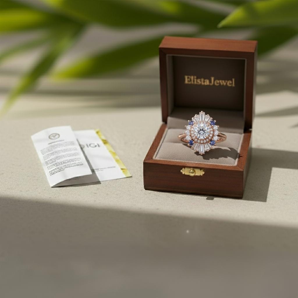 Round Cut Lab-Grown Diamond Sunburst Cocktail Ring in 14K Solid Rose Gold with Sapphires