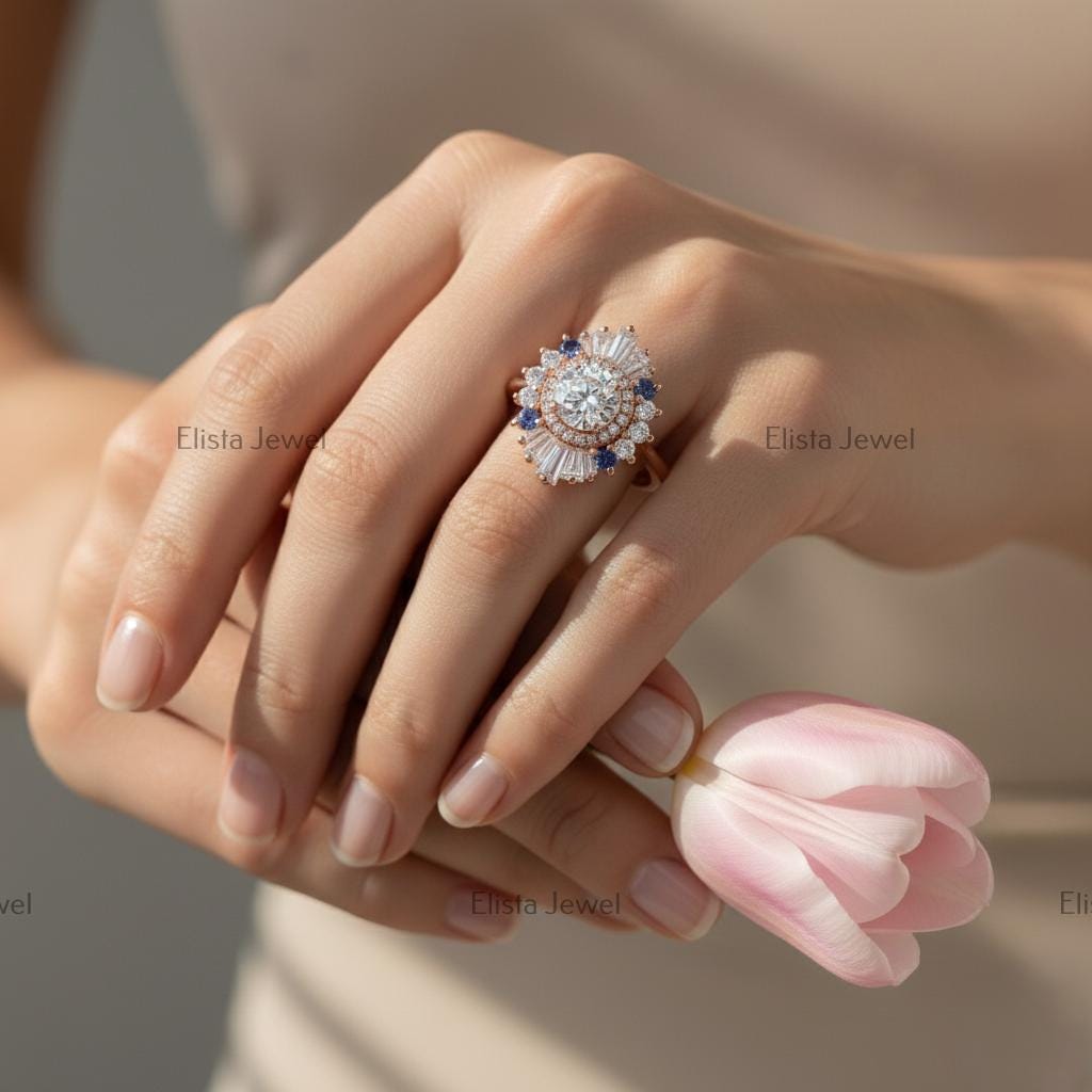 Round Cut Lab-Grown Diamond Sunburst Cocktail Ring in 14K Solid Rose Gold with Sapphires