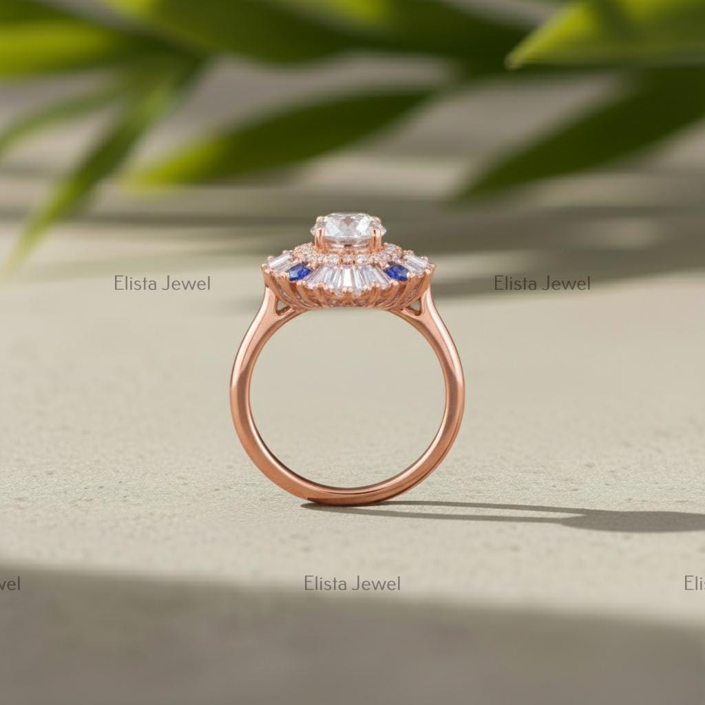Round Cut Lab-Grown Diamond Sunburst Cocktail Ring in 14K Solid Rose Gold with Sapphires