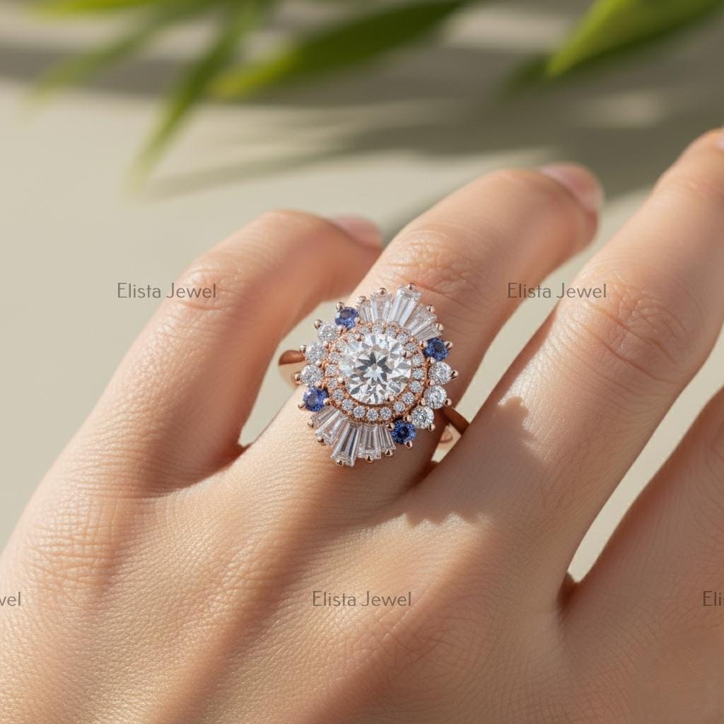 Round Cut Lab-Grown Diamond Sunburst Cocktail Ring in 14K Solid Rose Gold with Sapphires