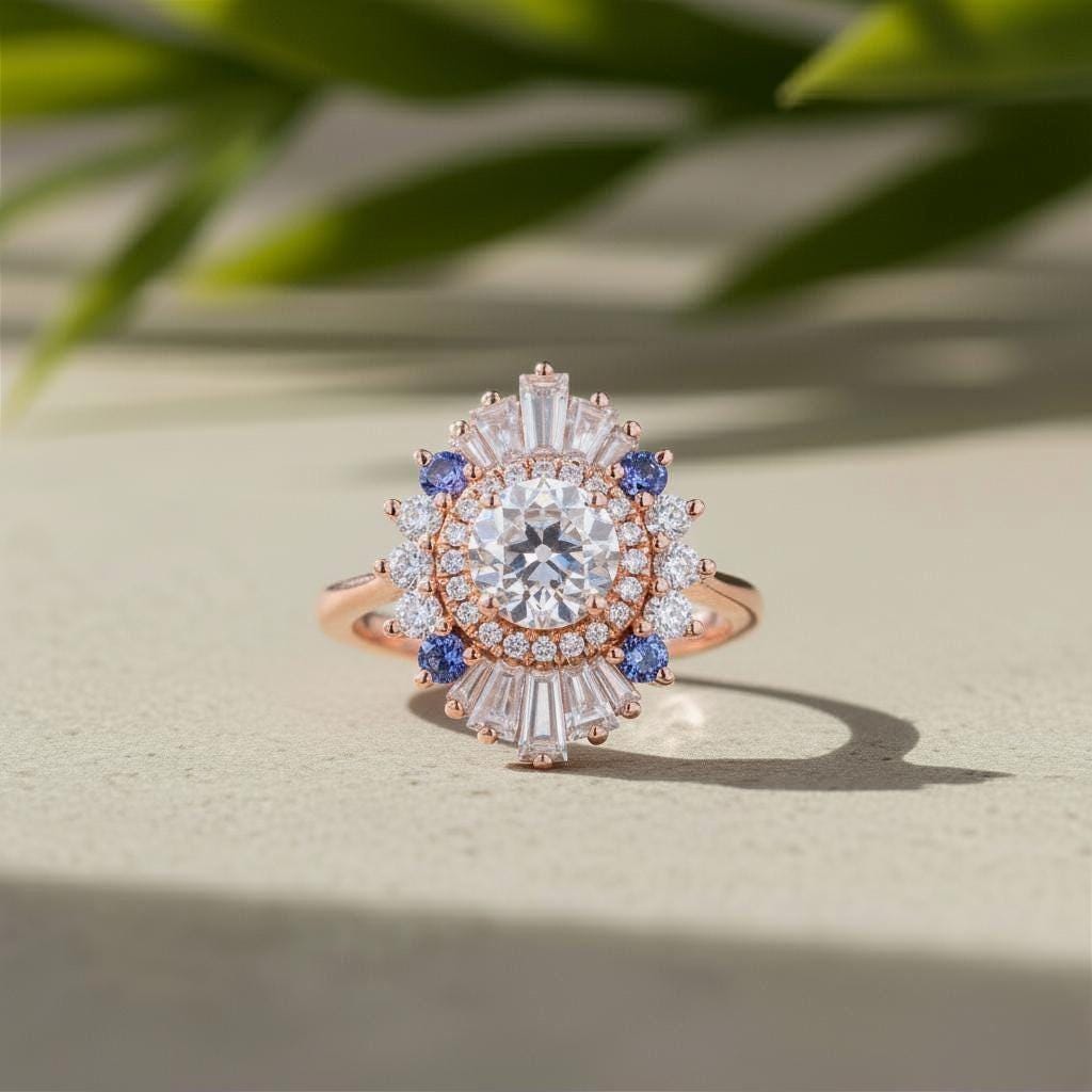 Round Cut Lab-Grown Diamond Sunburst Cocktail Ring in 14K Solid Rose Gold with Sapphires