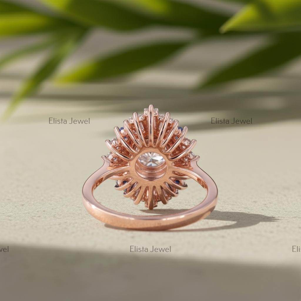 Round Cut Lab-Grown Diamond Sunburst Cocktail Ring in 14K Solid Rose Gold with Sapphires