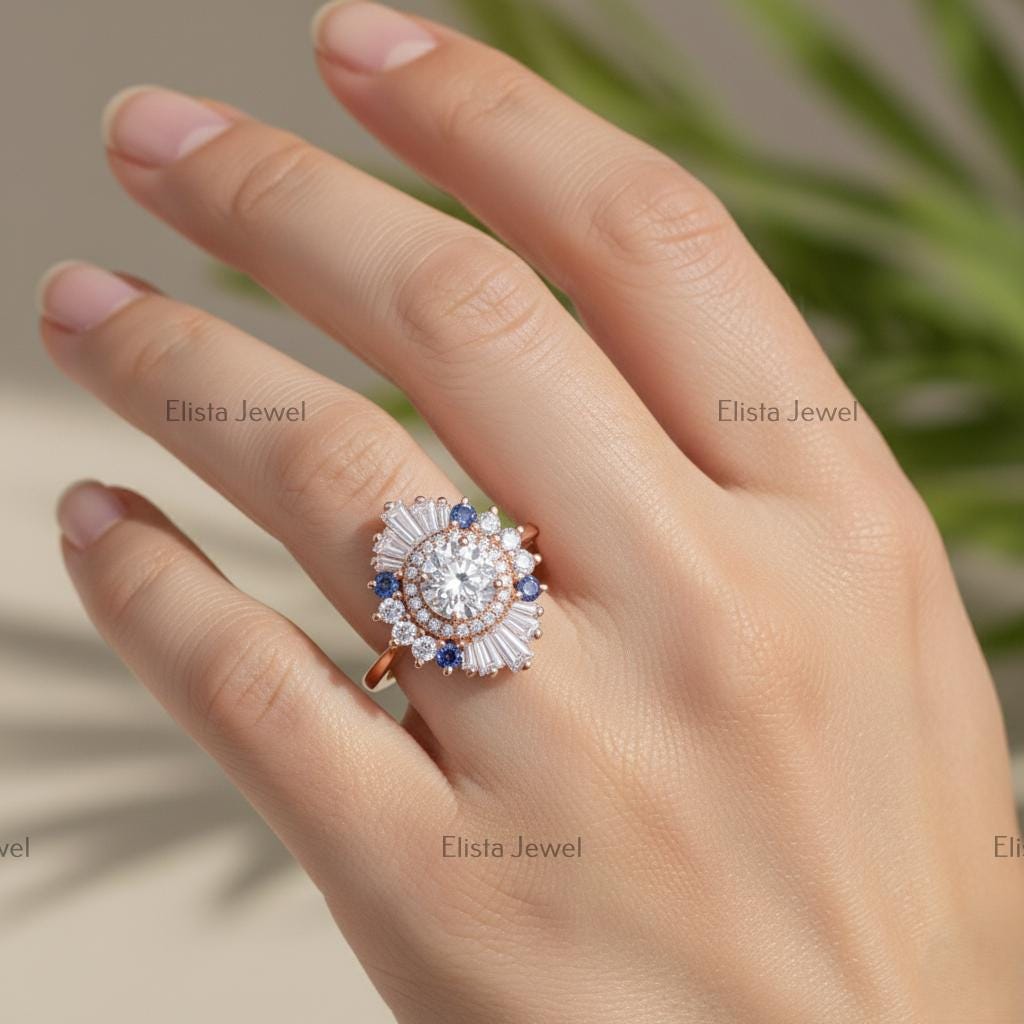 Round Cut Lab-Grown Diamond Sunburst Cocktail Ring in 14K Solid Rose Gold with Sapphires