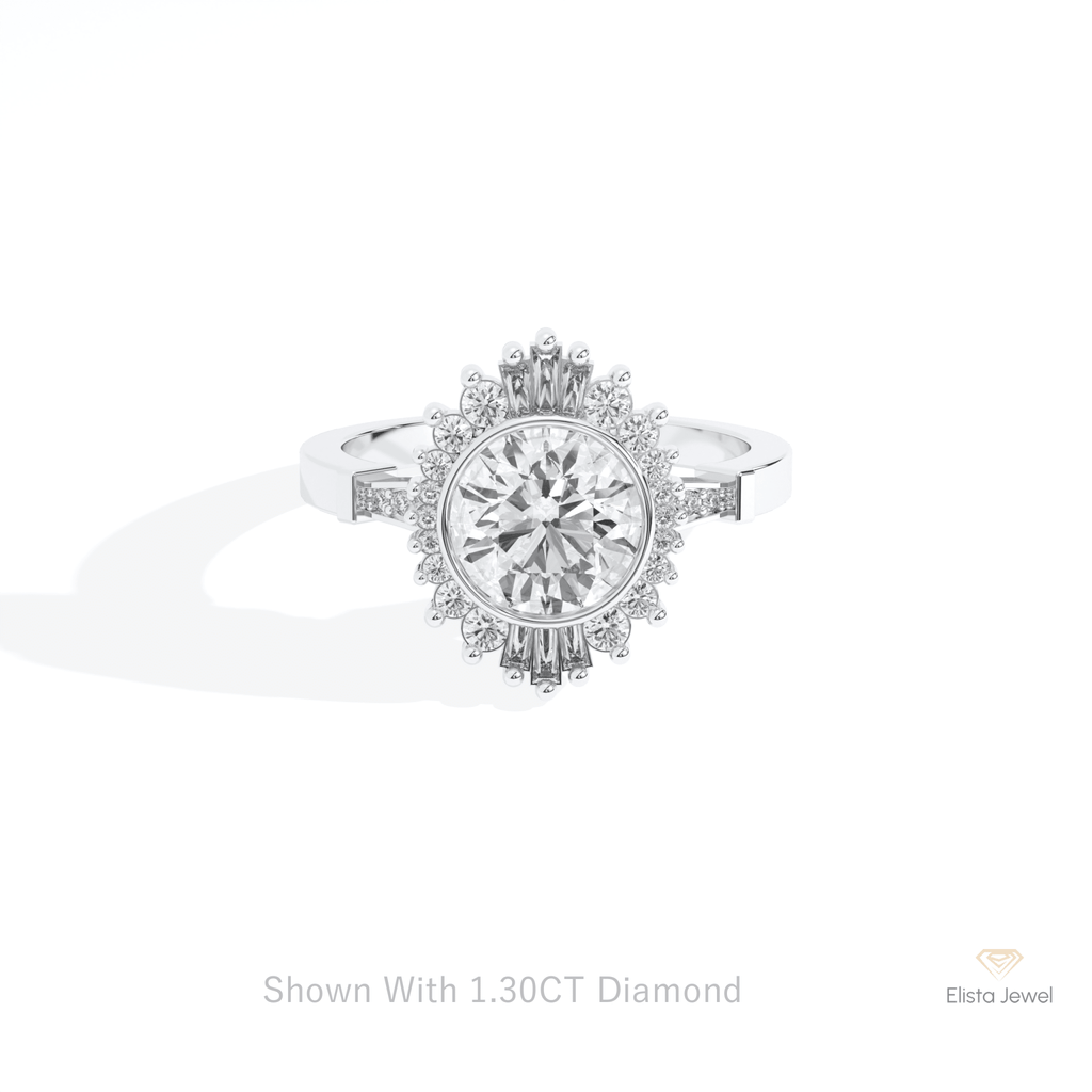 Round Cut Starburst Engagement Lab Grown Diamond Ring in 10K White Gold - Front View