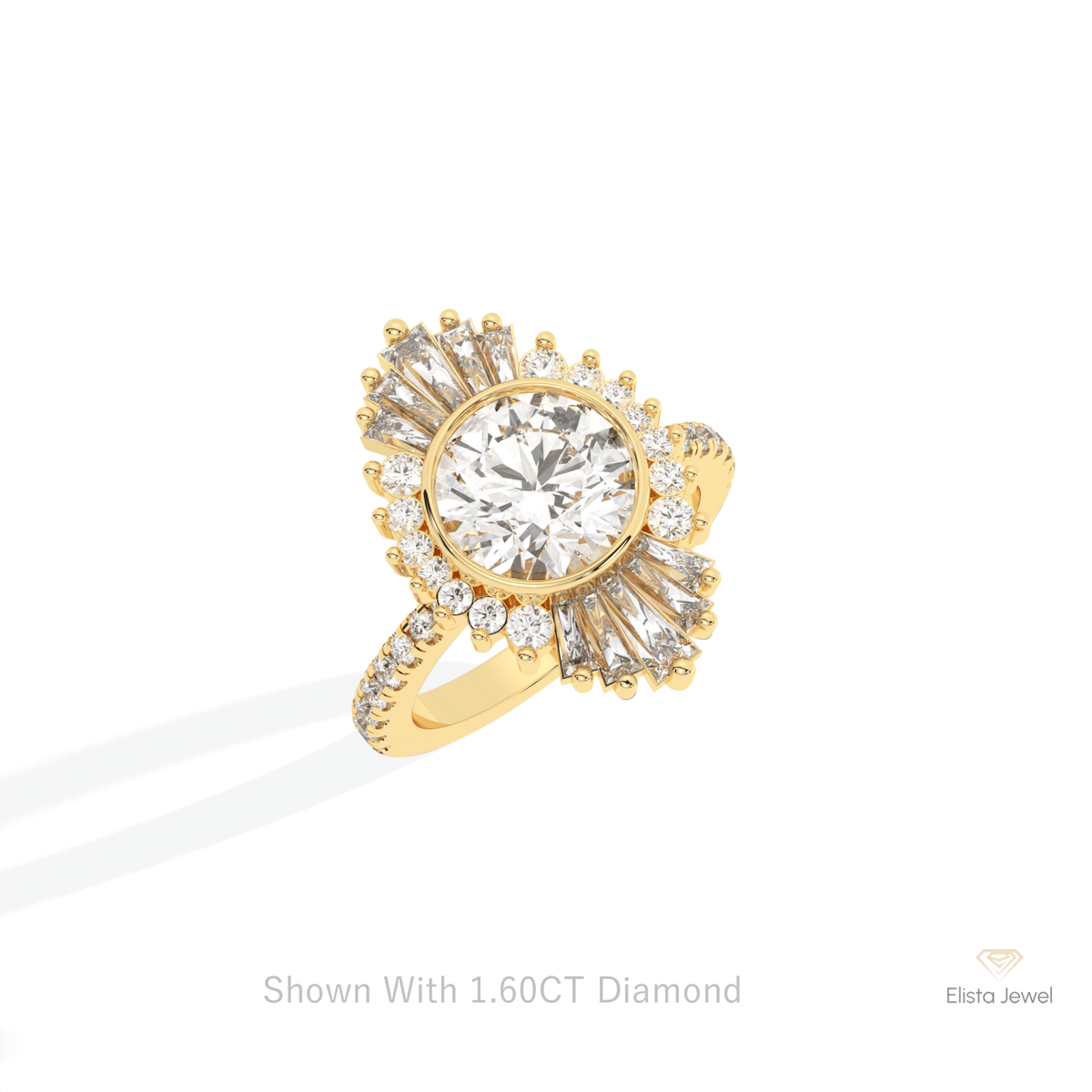 Round Cut Starburst Engagement Lab Grown Diamond Ring in 10K Yellow Gold - Side View