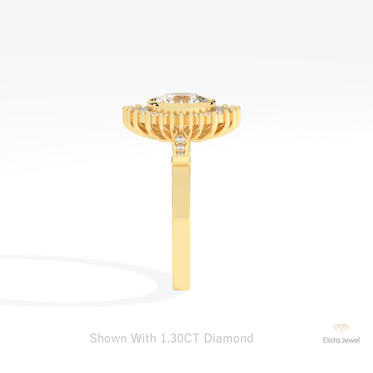 Round Cut Starburst Engagement Lab Grown Diamond Ring in 18K Yellow Gold - Perspective View