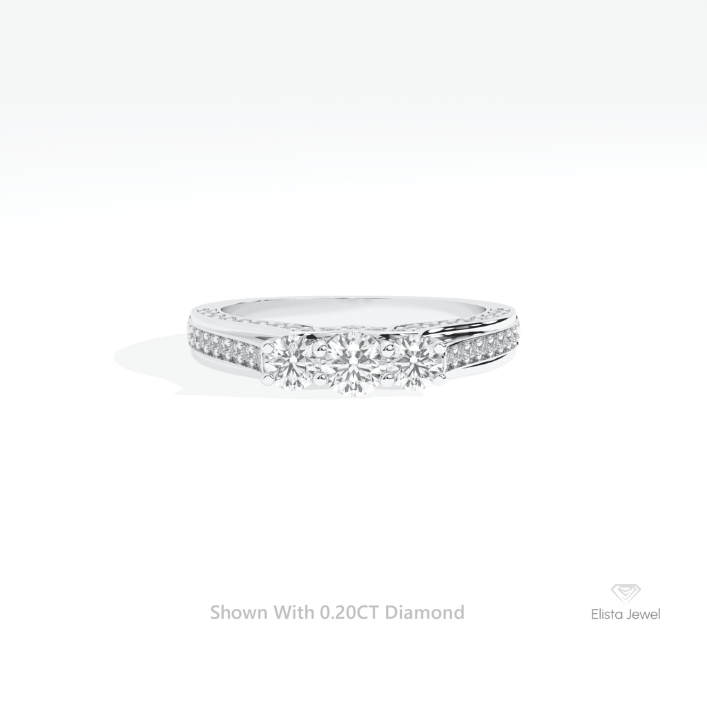 Round Cut Three Stone Accent Engagement Lab Grown Diamond Ring in 14K Yellow Gold - Detail View