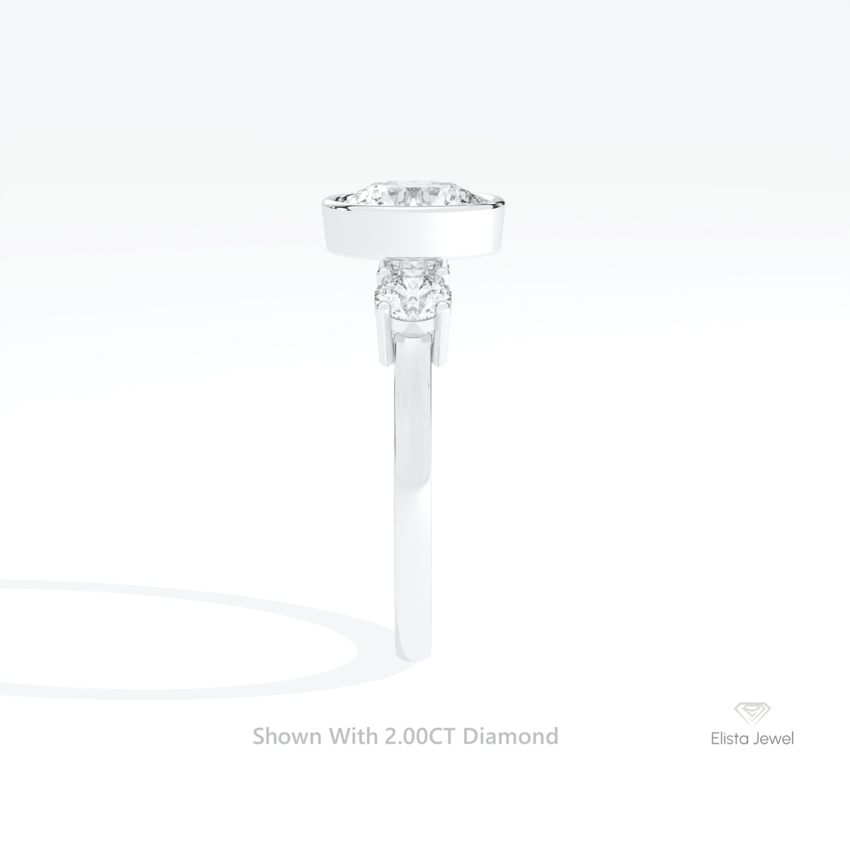 Round Cut Three Stone Bezel Lab Grown Diamond Ring in 14K White Gold - Top View