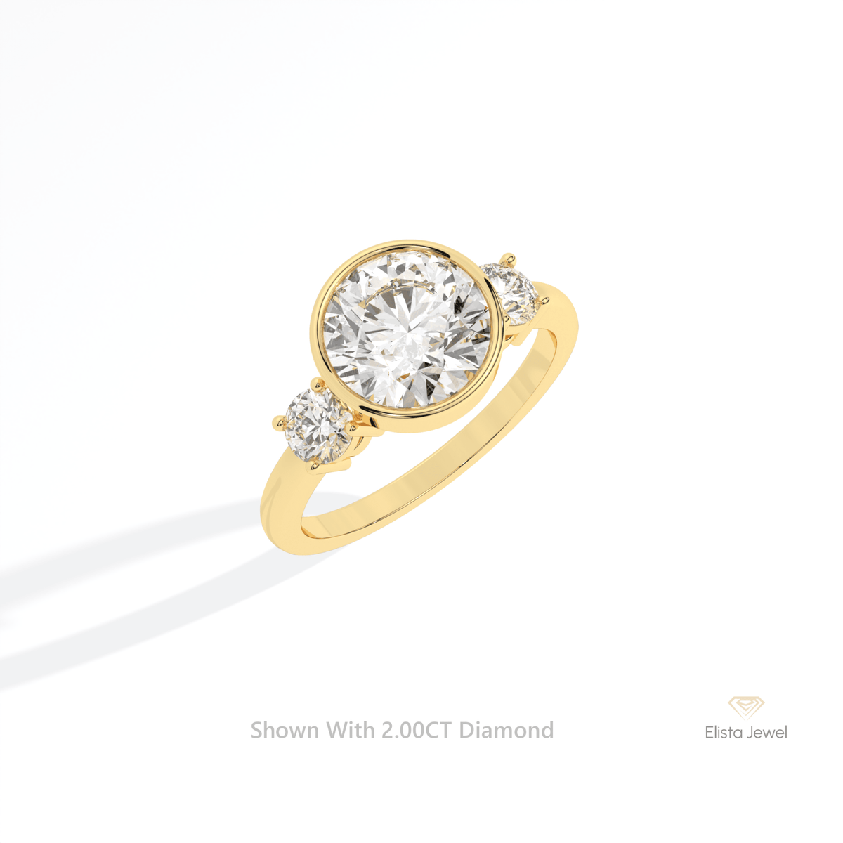 Round Cut Three Stone Bezel Lab Grown Diamond Ring in 14K Rose Gold - Profile View