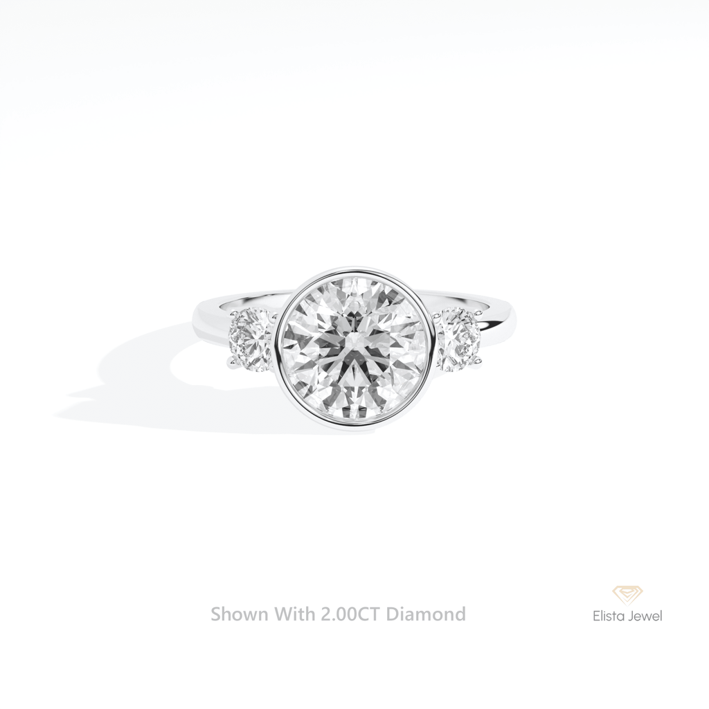 Round Cut Three Stone Bezel Lab Grown Diamond Ring in 10K White Gold - Front View