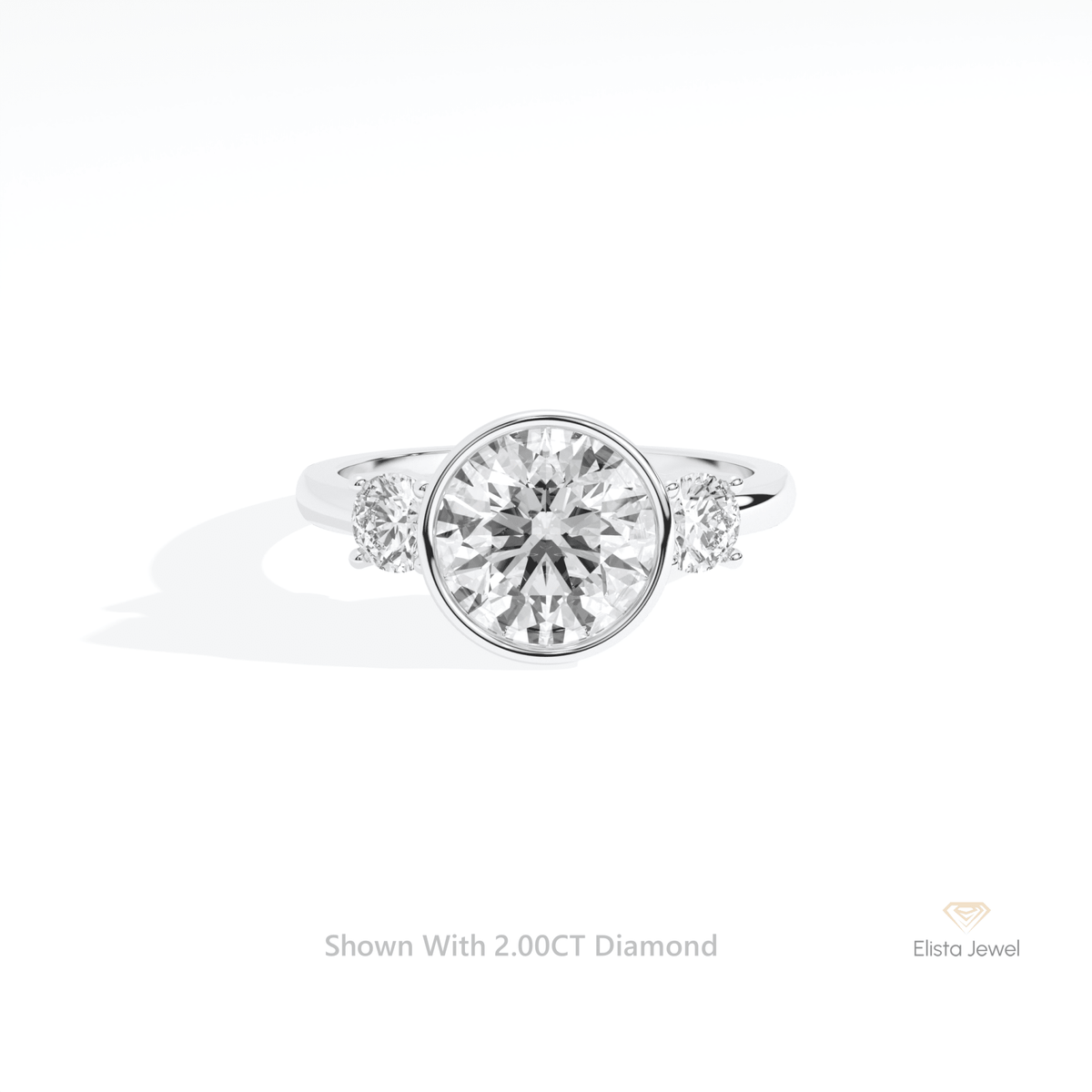 Round Cut Three Stone Bezel Lab Grown Diamond Ring in 10K White Gold - Front View