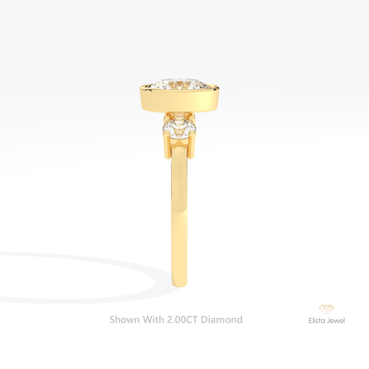 Round Cut Three Stone Bezel Lab Grown Diamond Ring in 18K Yellow Gold - Perspective View