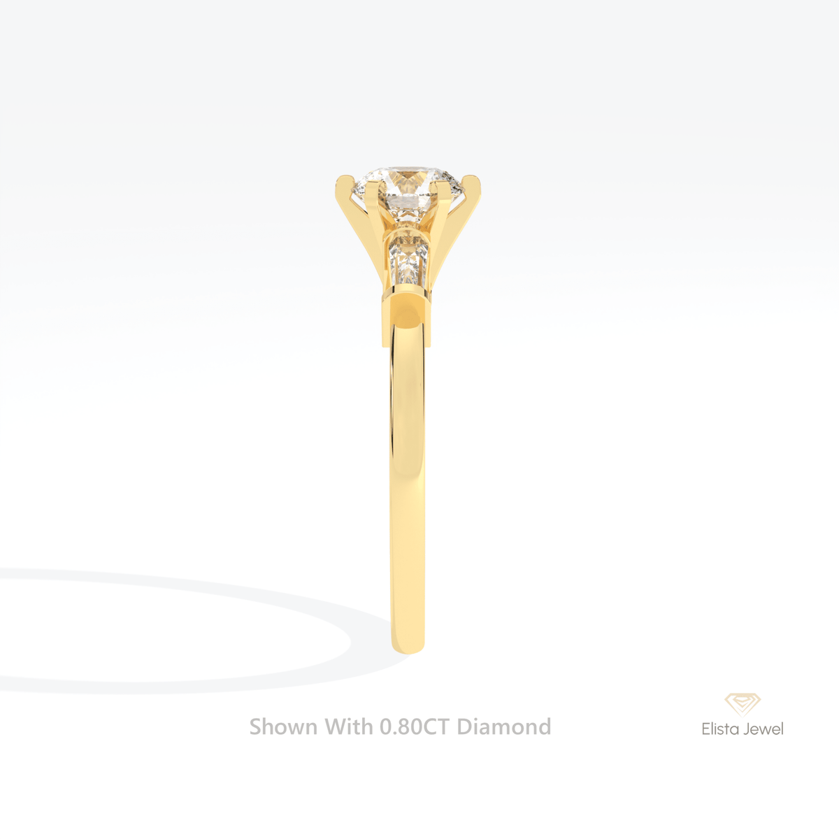 Round Cut Three Stone Engagement Lab Grown Diamond Ring in 18K Yellow Gold - Perspective View