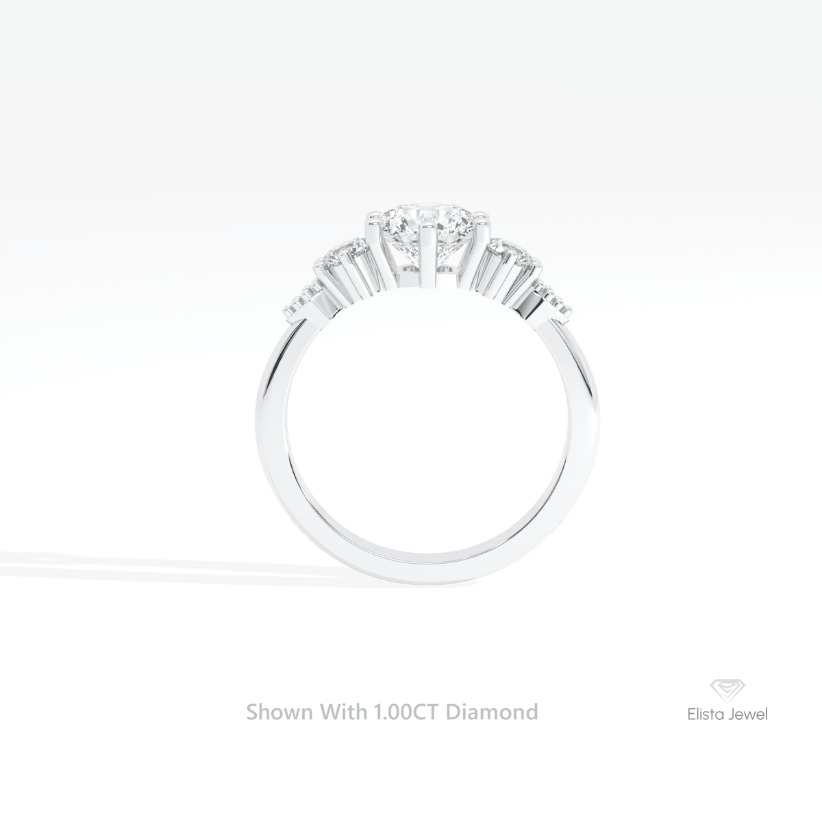Round Cut Three Stone Engagement Lab Grown Diamond Ring in 18K White Gold - Close-up View