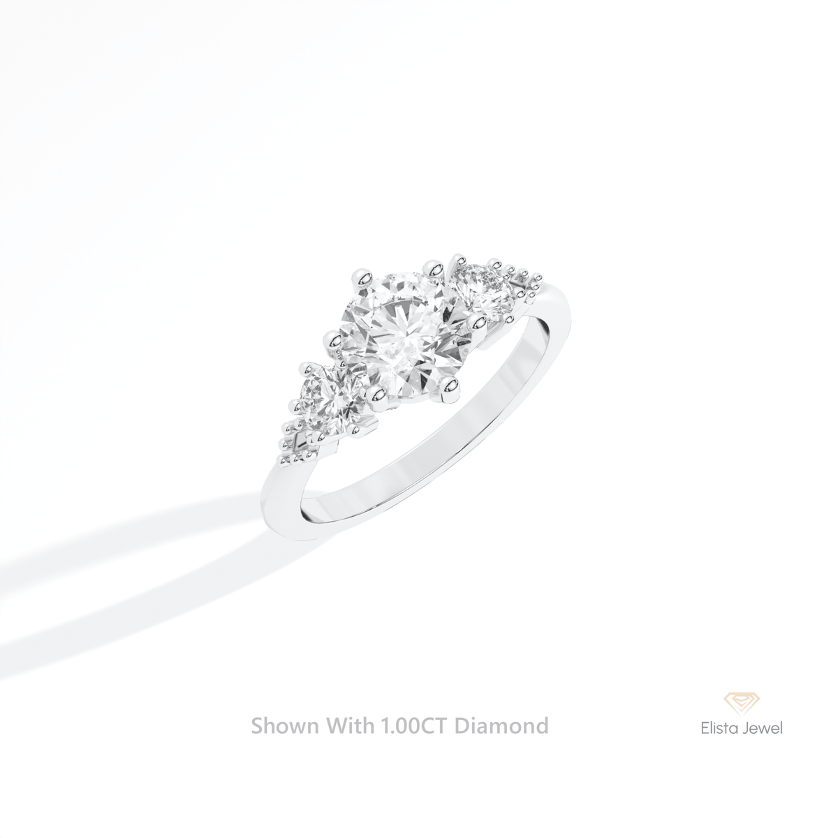 Round Cut Three Stone Engagement Lab Grown Diamond Ring in 14K Rose Gold - Profile View