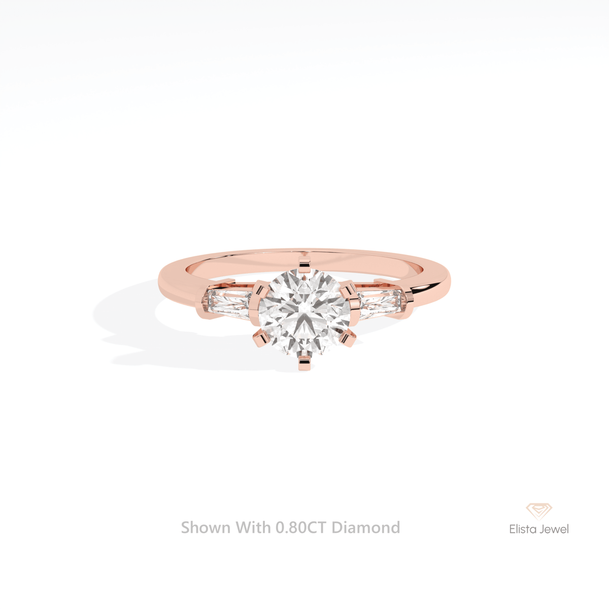 Round Cut Three Stone Engagement Lab Grown Diamond Ring in 18K Rose Gold - Ring on Hand View
