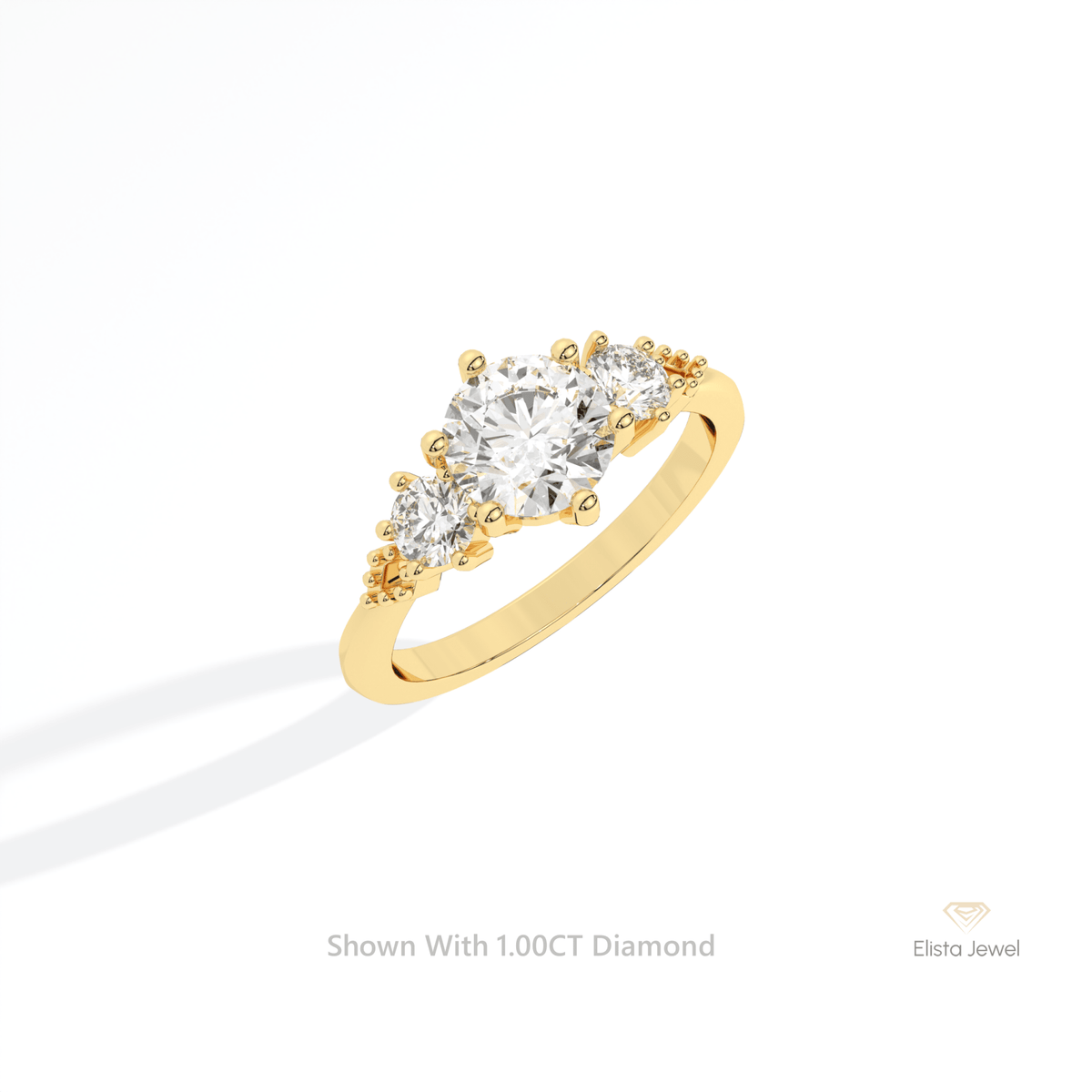 Round Cut Three Stone Engagement Lab Grown Diamond Ring in 10K Yellow Gold - Side View