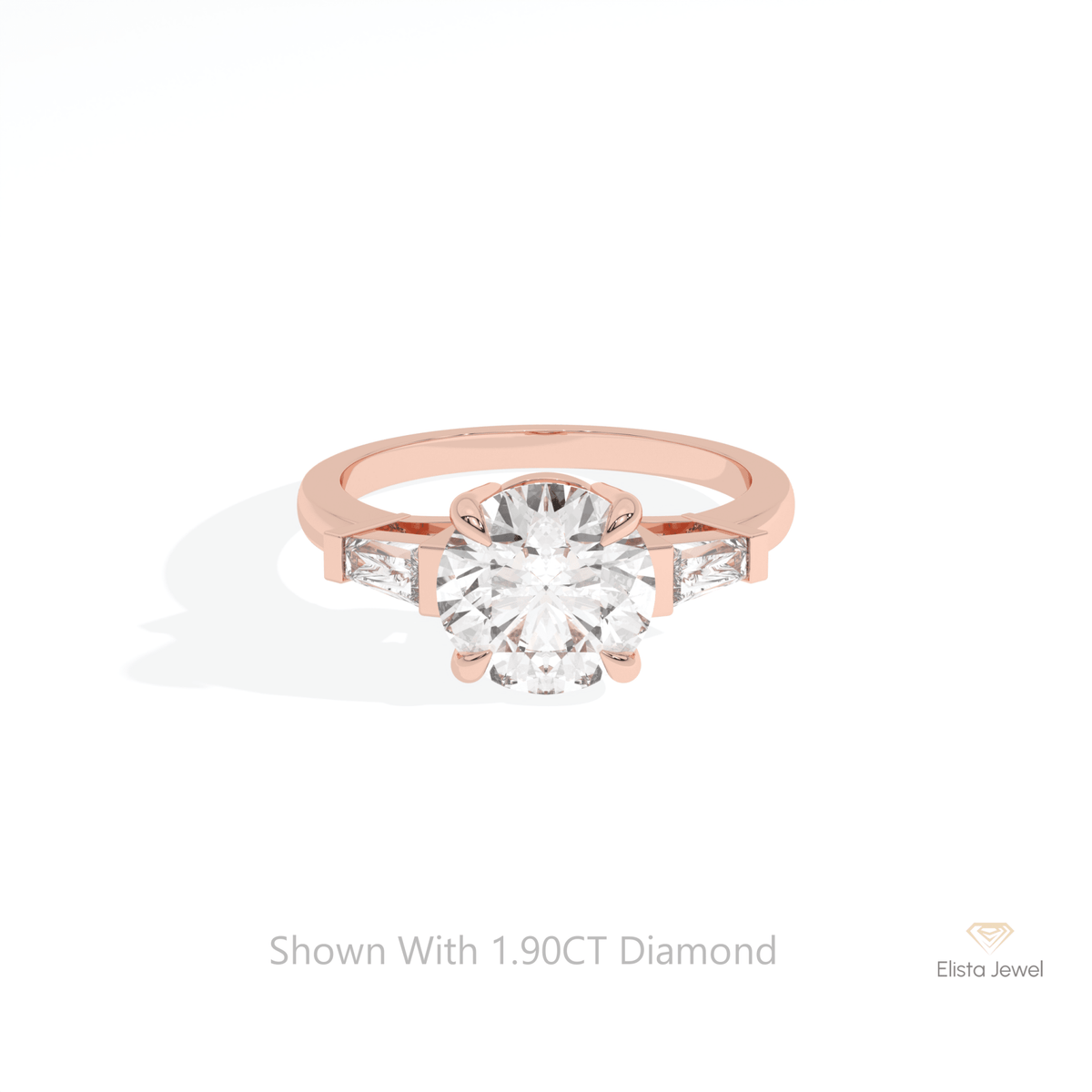 Round Cut Three Stone Engagement Lab Grown Diamond Ring in 18K Rose Gold - Ring on Hand View