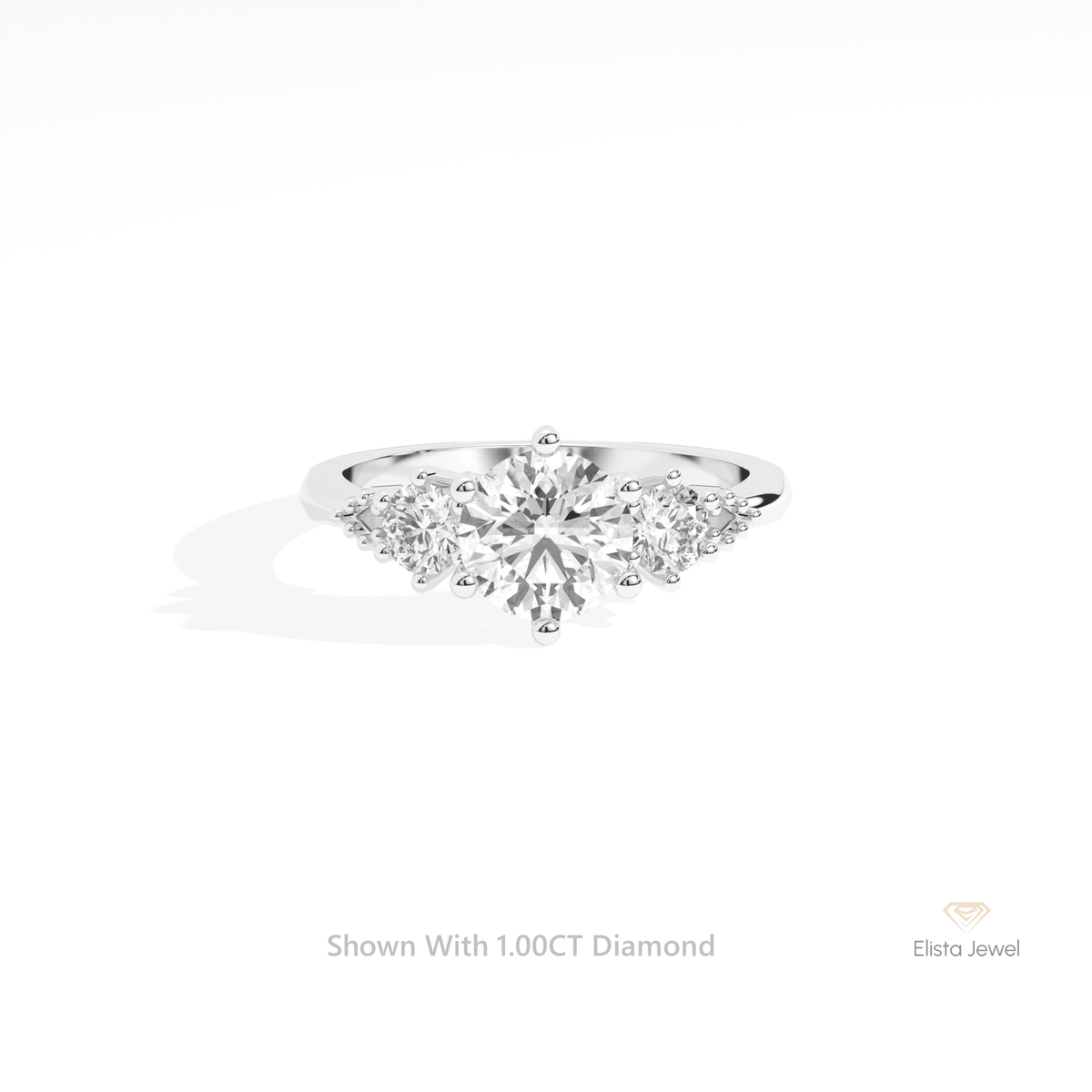 Round Cut Three Stone Engagement Lab Grown Diamond Ring in 14K Yellow Gold - Detail View