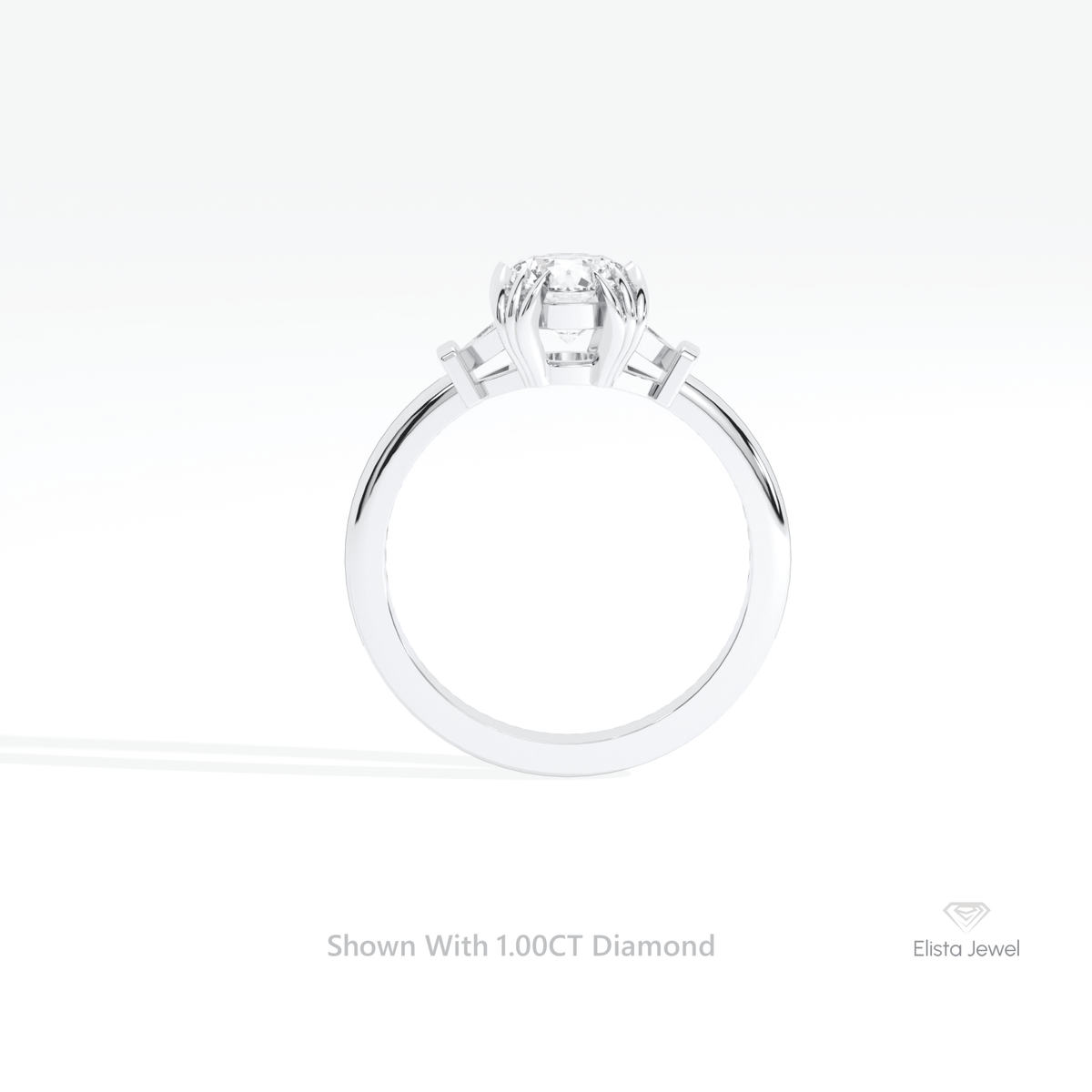Round Cut Three Stone Engagement Lab Grown Diamond Ring in 18K White Gold - Close-up View