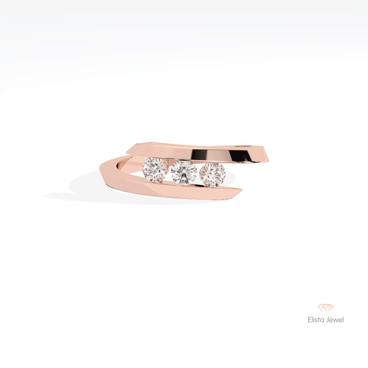 Round Cut Three Stone Engagement Lab Grown Diamond Ring in 18K Rose Gold - Ring on Hand View