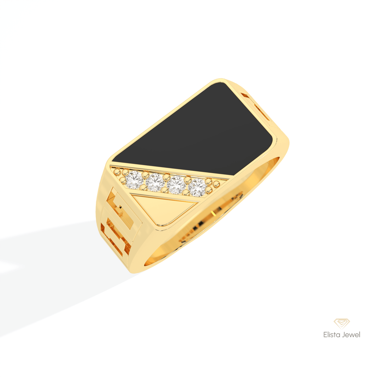 Round Cut With Black Onyx Men's Lab Grown Diamond Ring in 10K Yellow Gold - Side View
