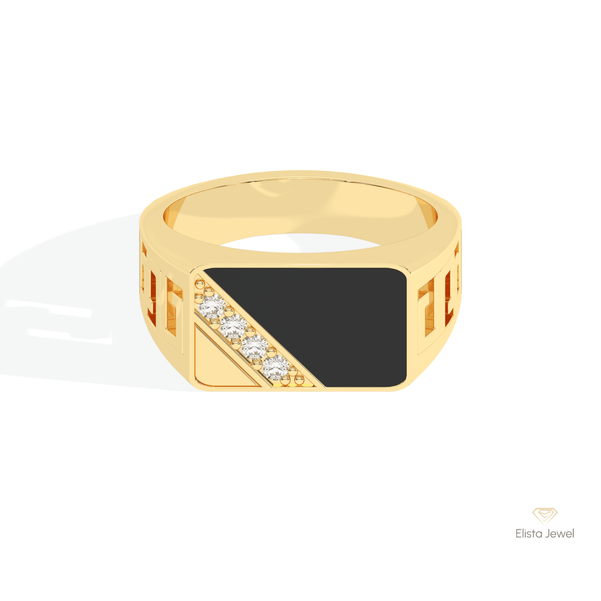 Round Cut With Black Onyx Men's Lab Grown Diamond Ring in 10K White Gold - Front View