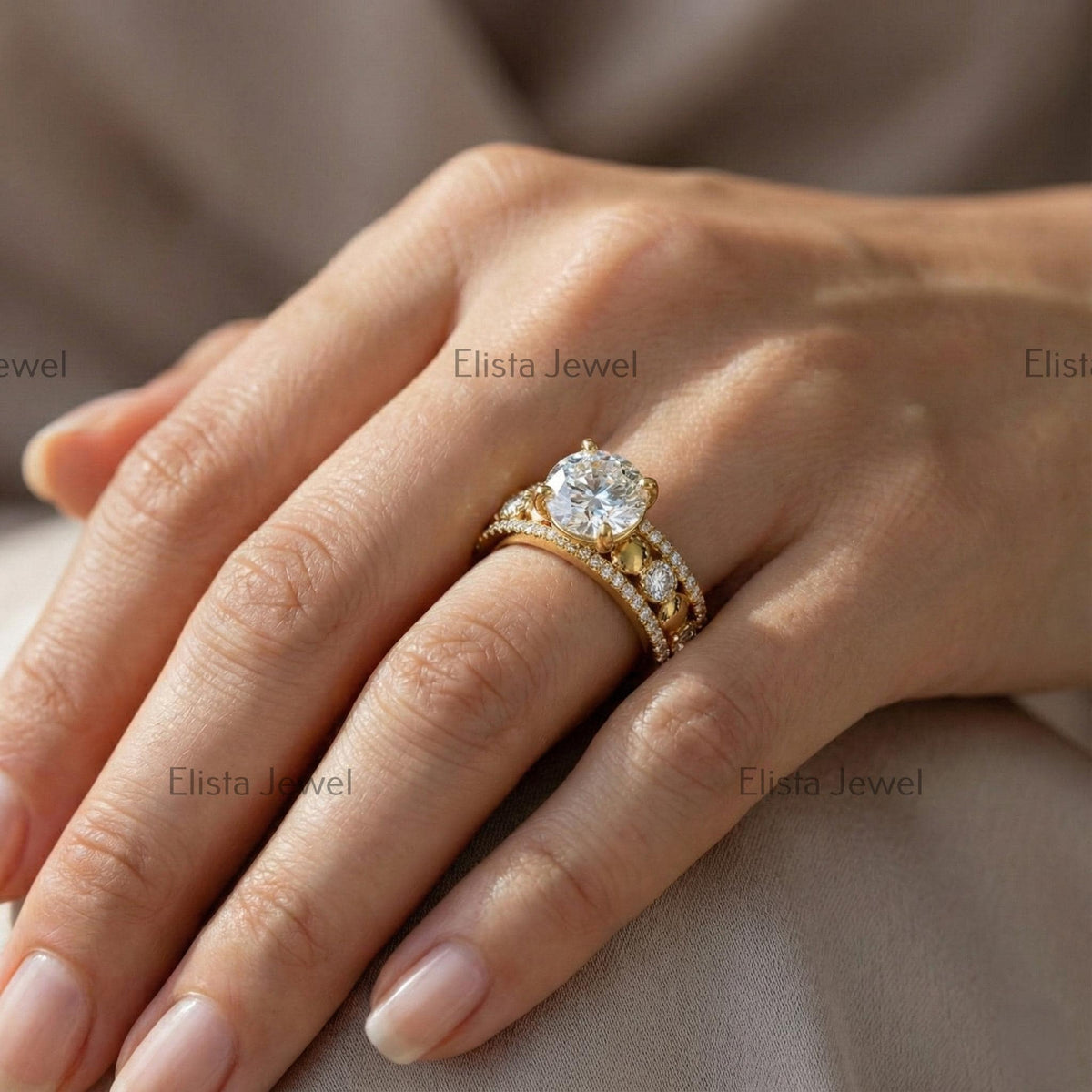 Round Diamond Ring Lab-Grown Engagement 18K Yellow Gold Wide Pave Band