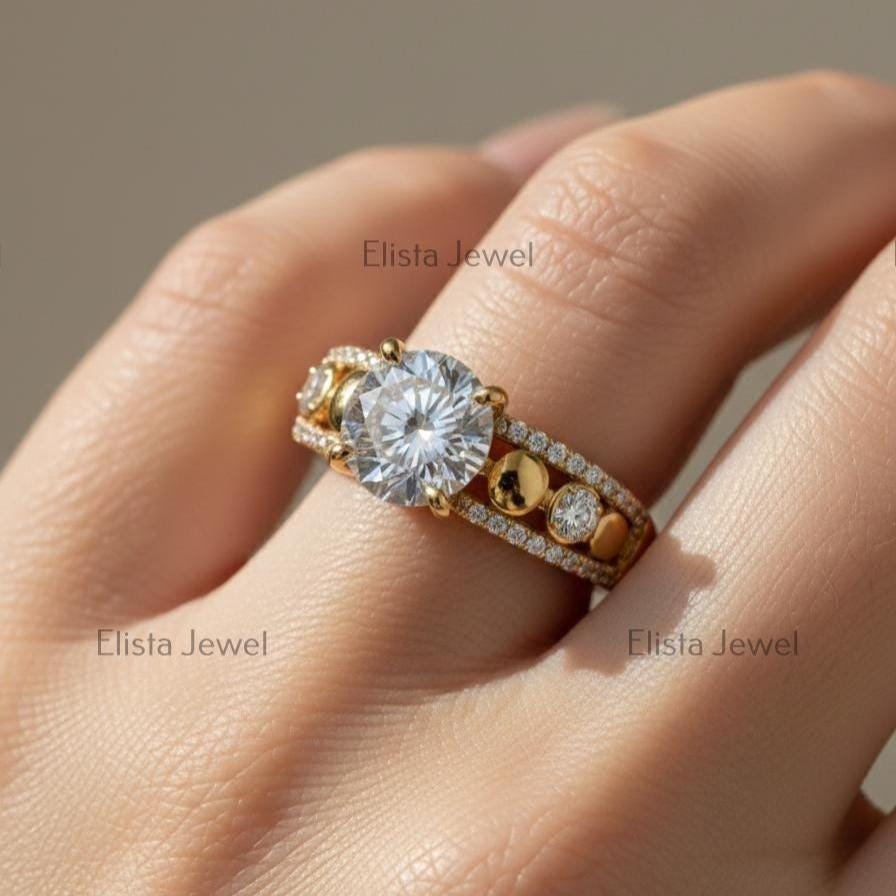 Round Diamond Ring Lab-Grown Engagement 18K Yellow Gold Wide Pave Band