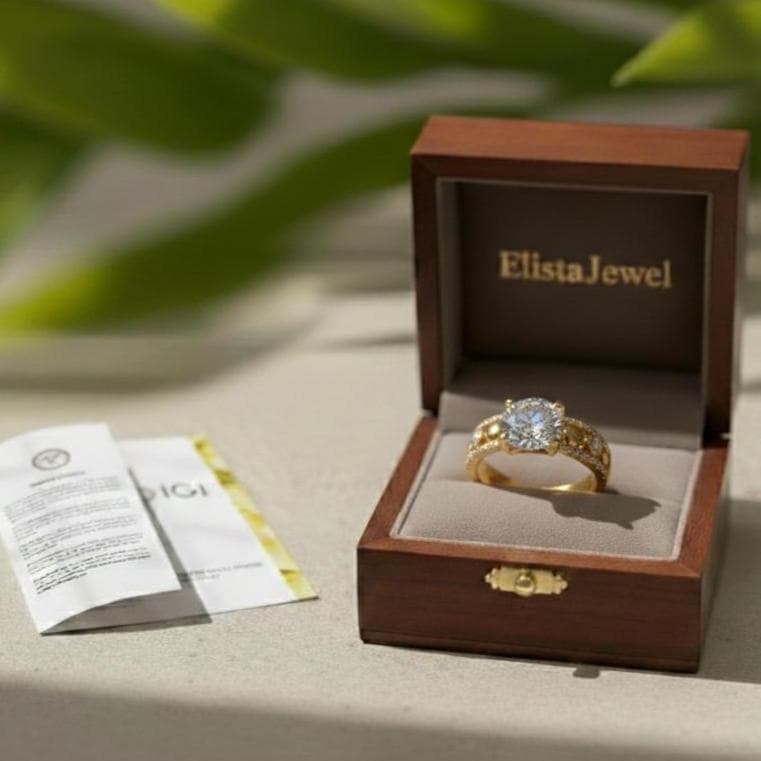 Round Diamond Ring Lab-Grown Engagement 18K Yellow Gold Wide Pave Band