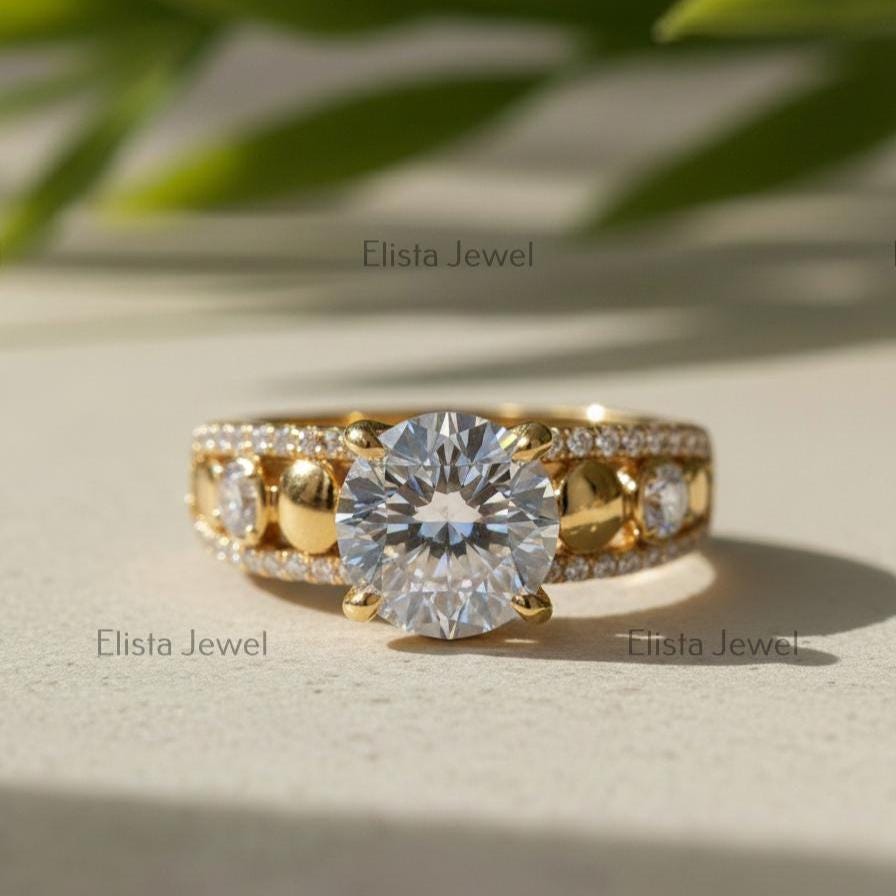 Round Diamond Ring Lab-Grown Engagement 18K Yellow Gold Wide Pave Band