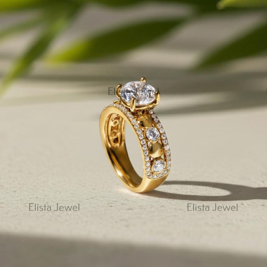 Round Diamond Ring Lab-Grown Engagement 18K Yellow Gold Wide Pave Band